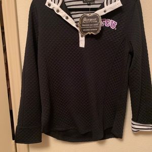 TCU: Women’s Medium: Black Quilted Pullover. *Button Defect* New With Tags.